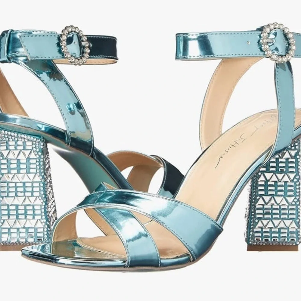 Betsey Johnson Metallic SB Bell Teal Cross Front Embellish Sandals Size 9.5 - Picture 1 of 11